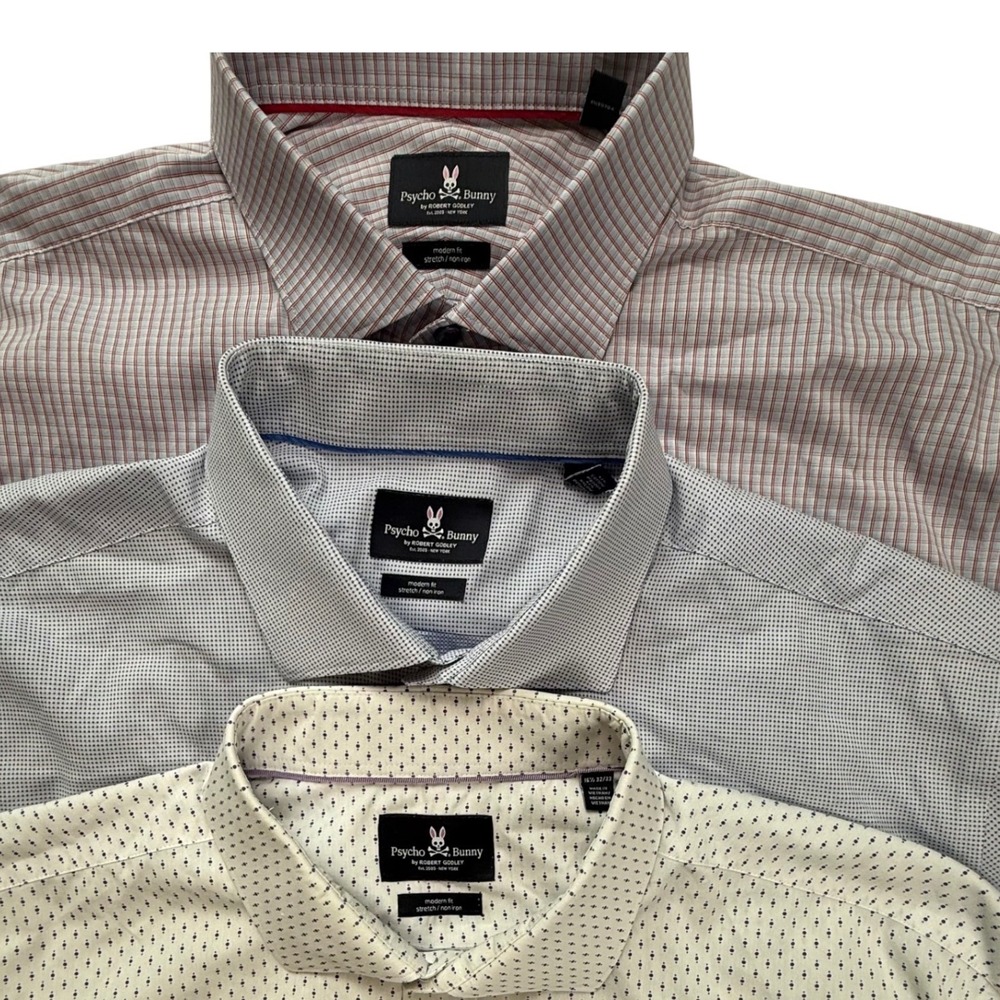 Lot 3 Psycho Bunny Mens Dress Shirts 16.5 32/33 Modern Fit Stretch Non-Iron L